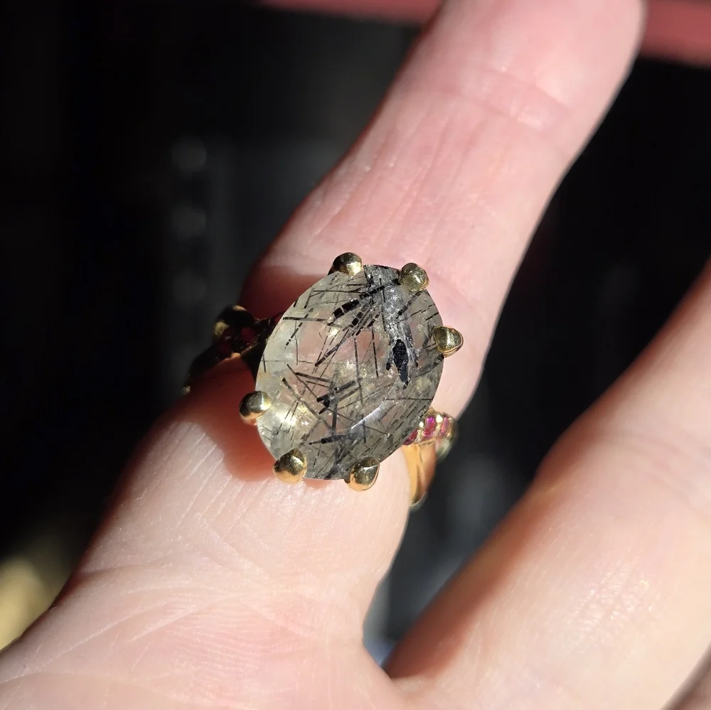 Rutil quarts 5k & Rhodolite sterling & gold infinity ring sz7.5 - Picture 5 of 9